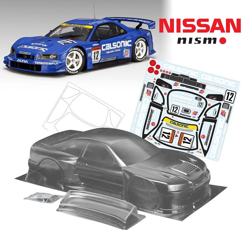 1:10 RC Clear Lexan Body Calsonic Nissan GTR R34 + Calsonic Decals