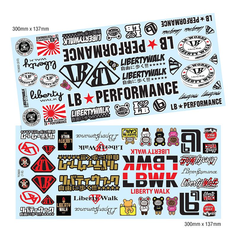 lb, lb*performance, liberty walk sticker sheets (2) for 1:10 rc drift car