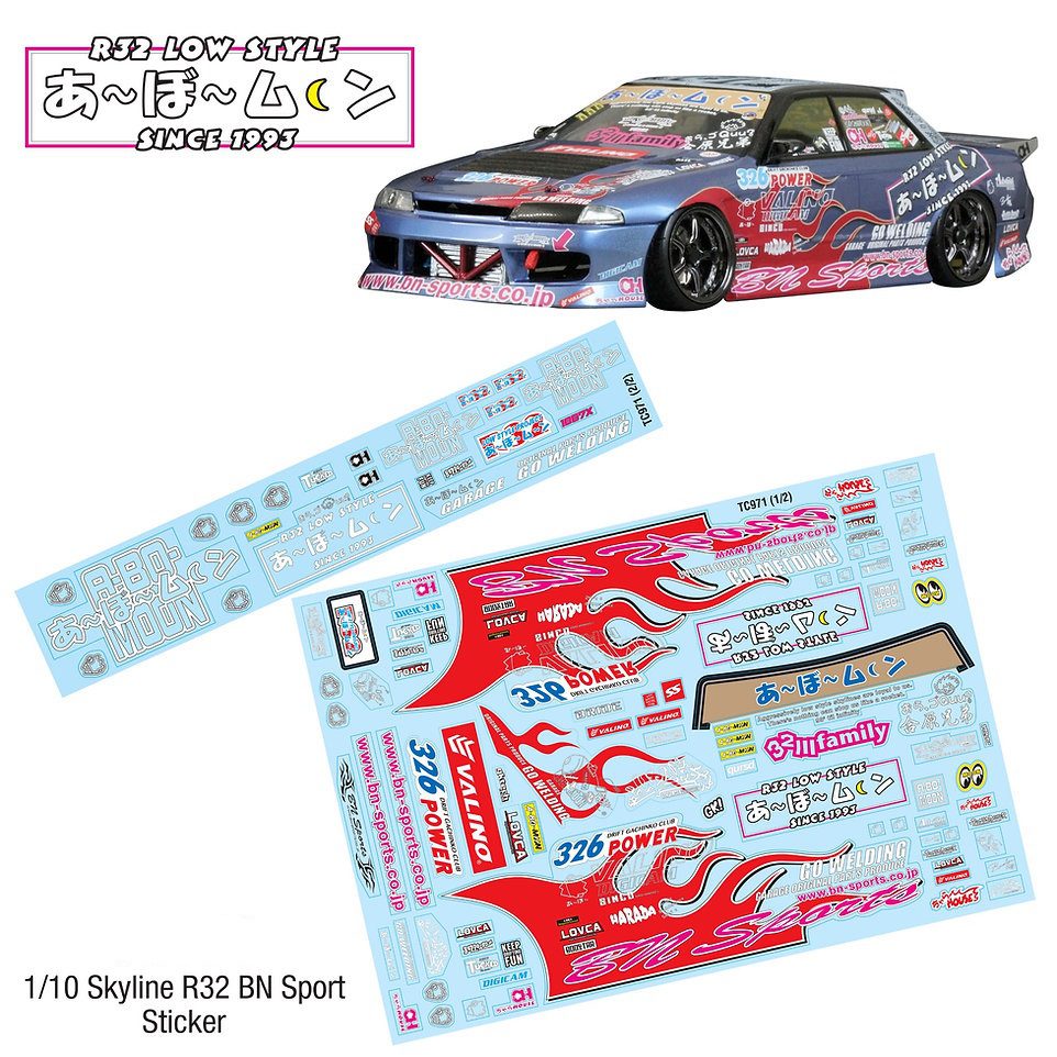 skyline r32 bn sport stickers ( a.bo moon livery) for 1:10th scale rc drift car.